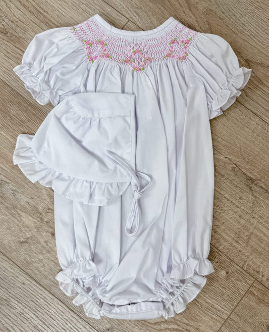 White Smocked Bubble With Bonnet