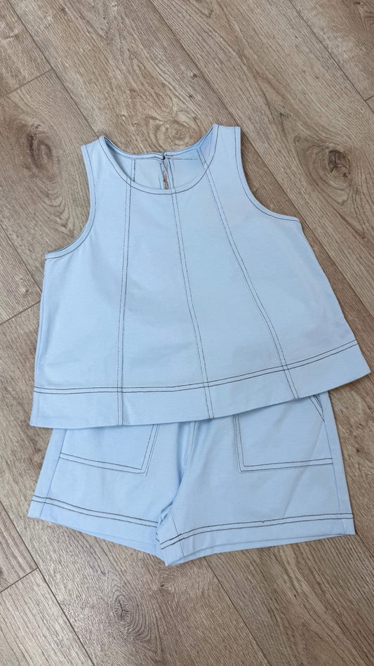 Contrast Stitched Panel Detail Knit Tank , Light Blue