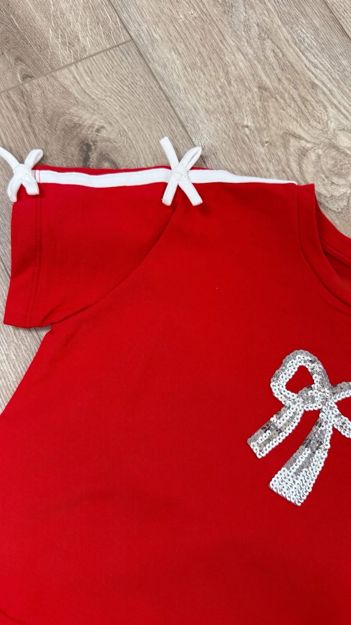 Red Sequin Bow Patch Ribbon Knit Top