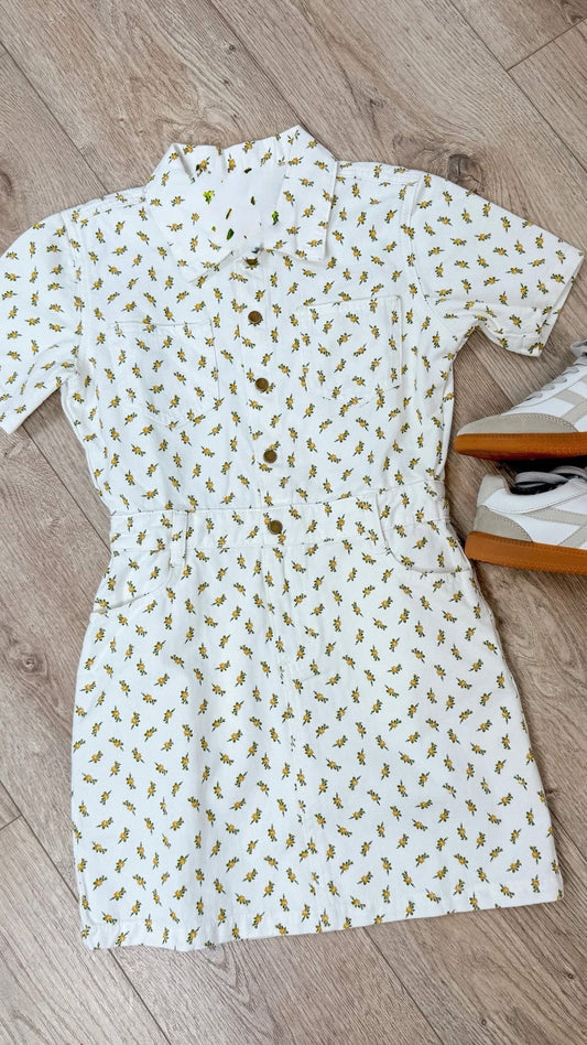 Off White Ditsy Print Button Down Twill Dress