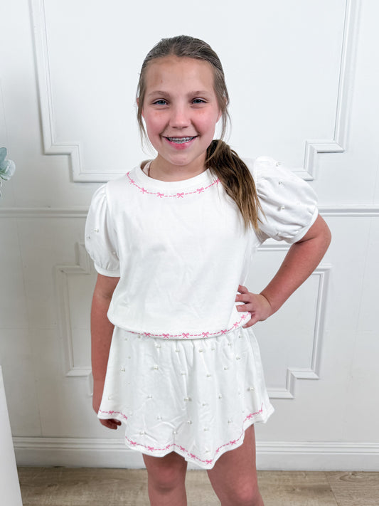 White Bow Pearl Embellished Skort