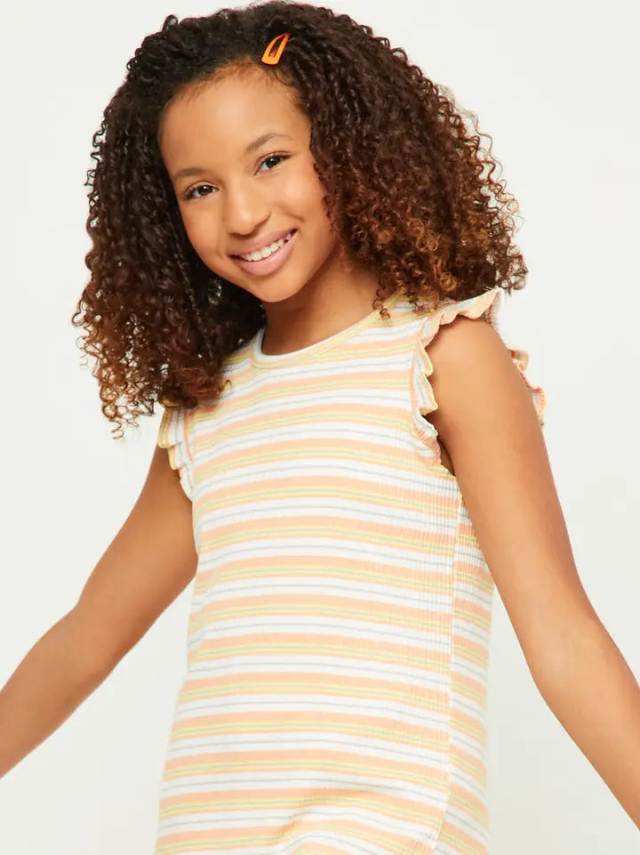 Coral Ribbed Knit Multi Stripe Ruffled Tank