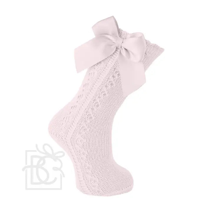 Gross Grain Side Bow Knee Socks, Soft Pink
