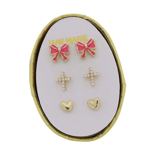 Set of 3 Stud, Pink Bow, Pearl Cross Earrings