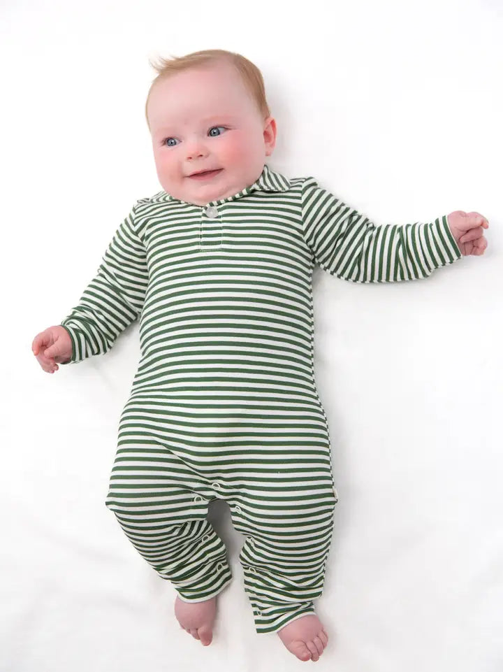 Sweatshirt Polo Romper , Stripes(Green)