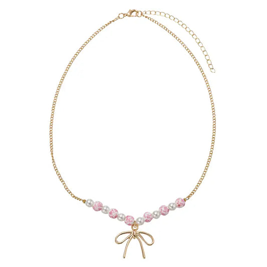 Pink Floral Bead Bow Necklace