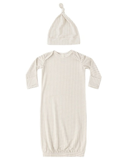 BAMBOO BABY GOWN + HAT SET OAT GINGHAM