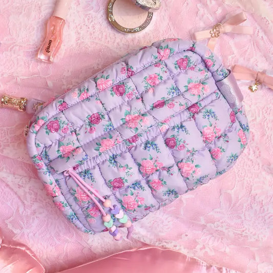 Quilted Scrunch Floral Lavender Pouch
