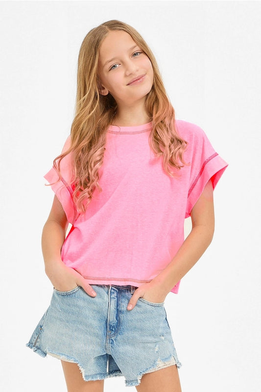 Overlap Open Back Reverse Stitched Top , Neon Pink