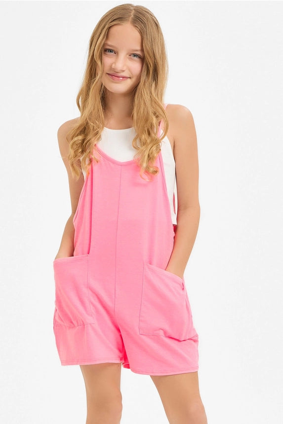 Neon Pink Two Pocket Overall Romper
