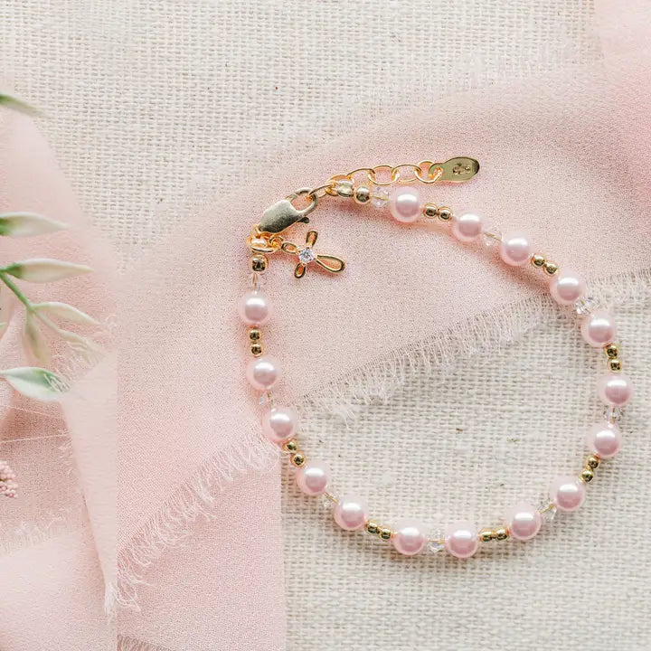 Lauren-14K Gold-Plated Pink Pearl Cross Bracelet