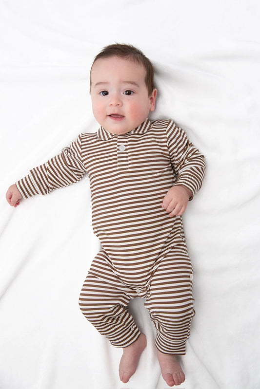 Sweatshirt Polo Romper , Choc Stripes