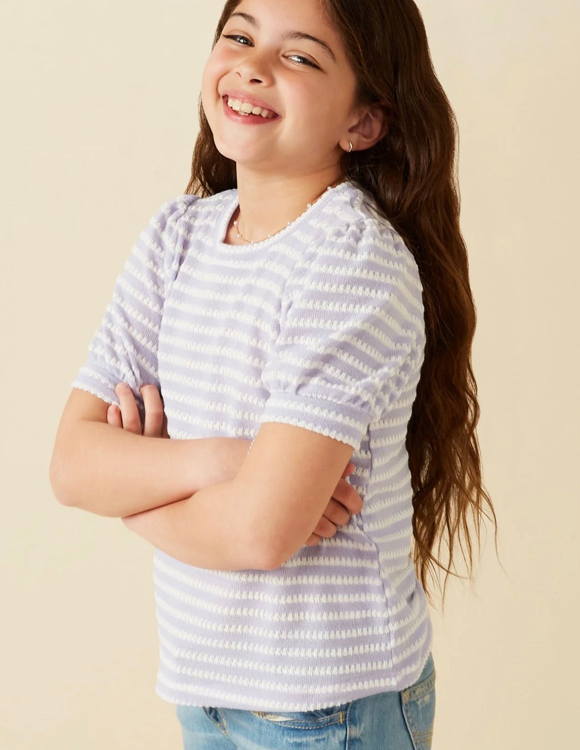 Lavender Textured Stripe Puff Sleeve Top