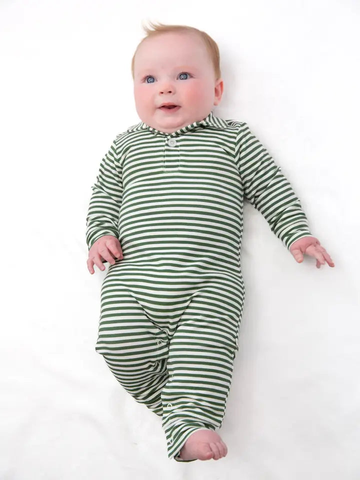 Sweatshirt Polo Romper , Stripes(Green)