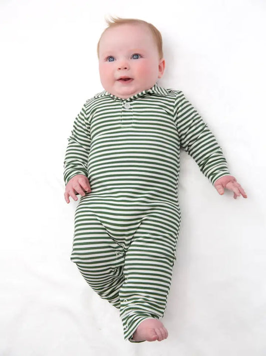Sweatshirt Polo Romper , Stripes(Green)