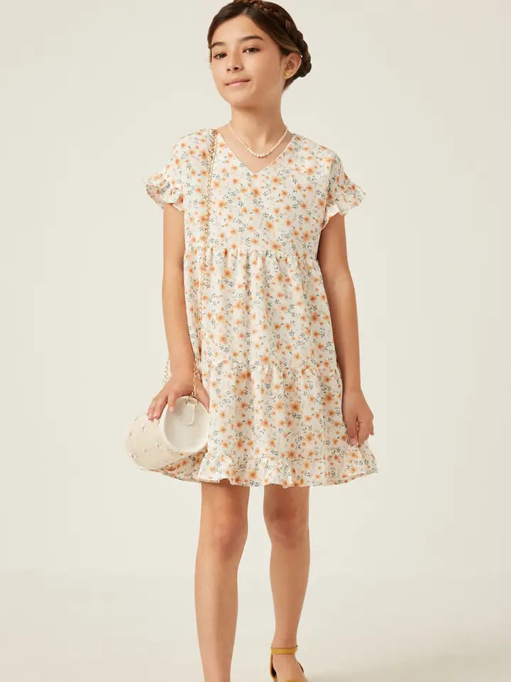 Off White V Neck Ruffle Short Sleeve Tiered Floral Dress