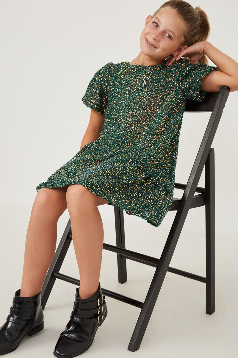 Green Sequin Asymmetric Puff Sleeve Dress
