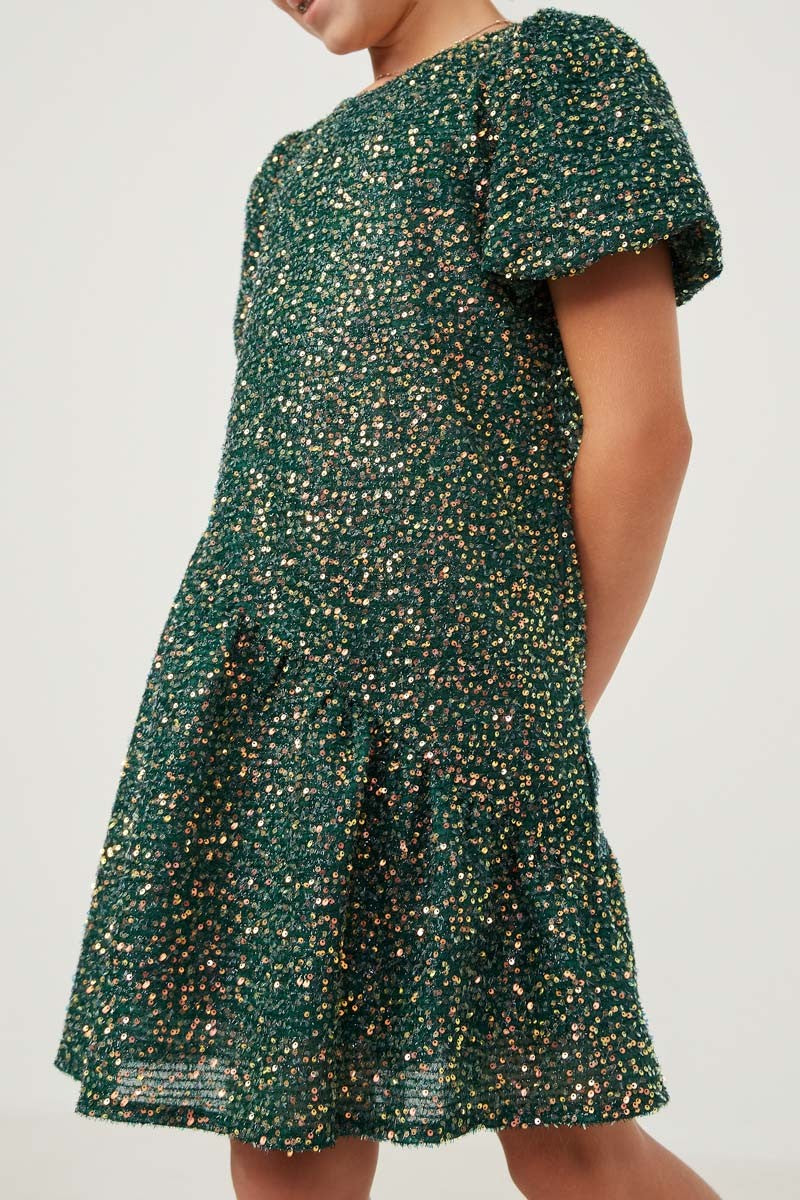 Green Sequin Asymmetric Puff Sleeve Dress