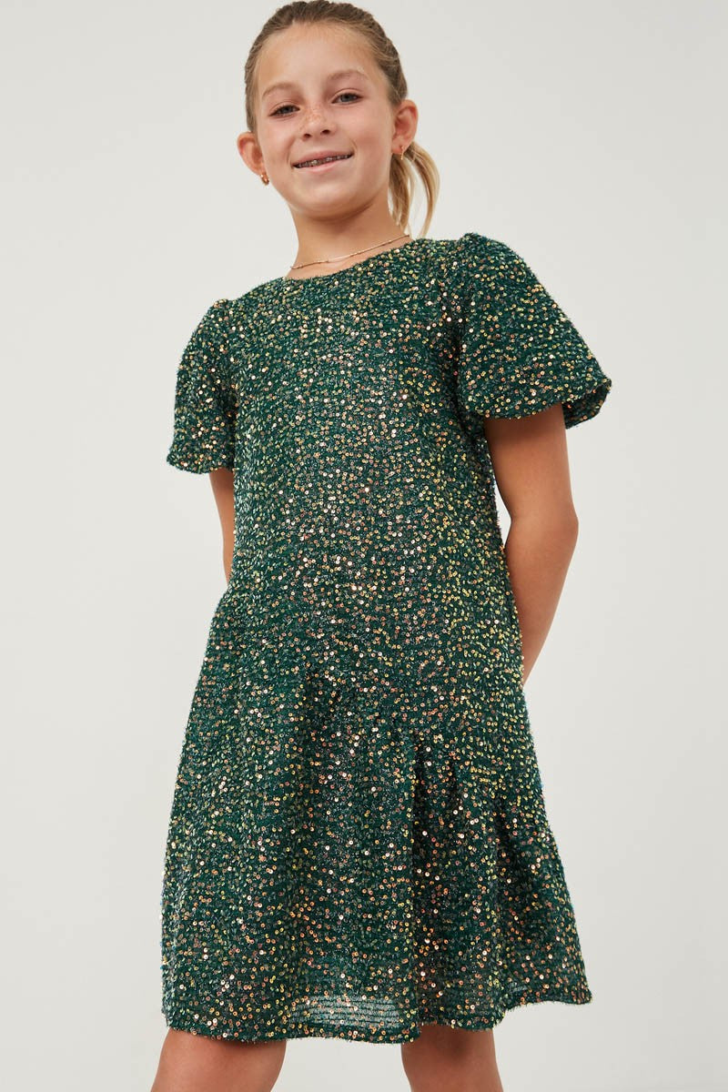 Green Sequin Asymmetric Puff Sleeve Dress