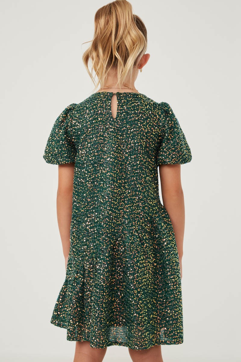 Green Sequin Asymmetric Puff Sleeve Dress