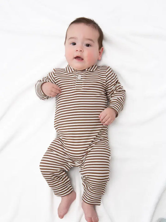 Sweatshirt Polo Romper , Choc Stripes