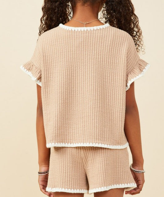 Taupe Textured Knit Contrast Stitch Shorts