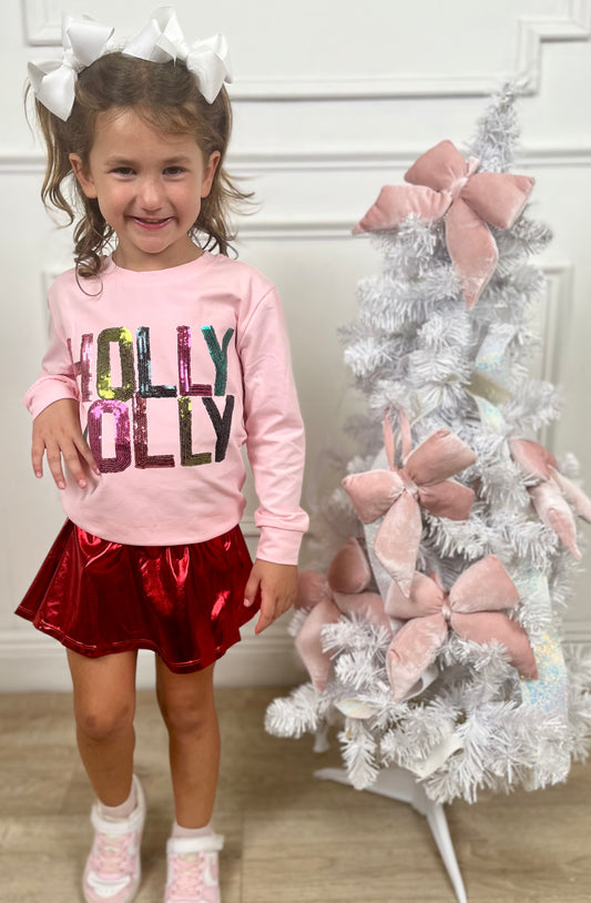 Light Pink LS Sequin Holly Jolly