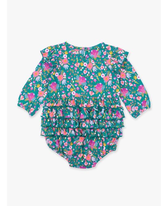 Knit Long Sleeve Flutter Bubble Romper, EMERALD FLORAL