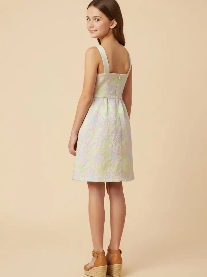 Pink Mix Floral Jacquard Square Neck Sleeveless Dress