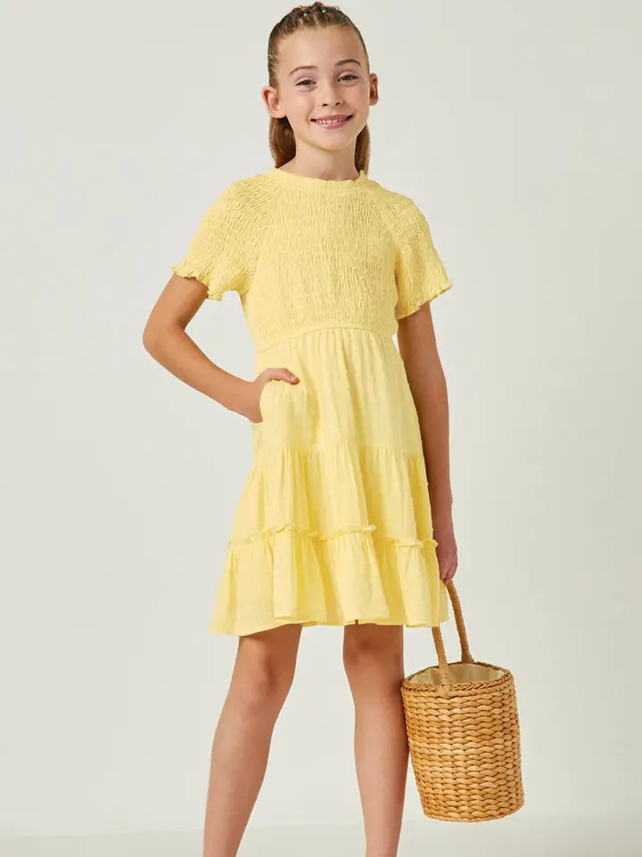 Lemon Smocked Top Tiered Swiss Dot Dress
