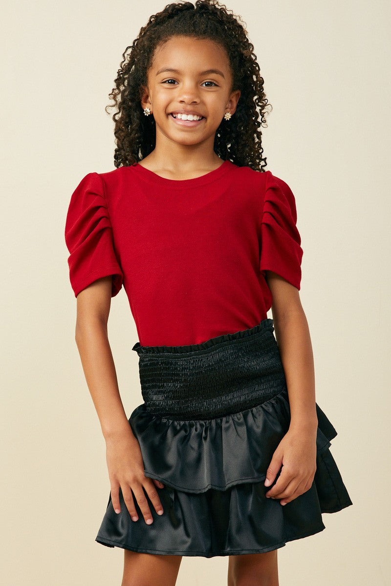 Red Pleated Shoulder Puff Sleeve Top