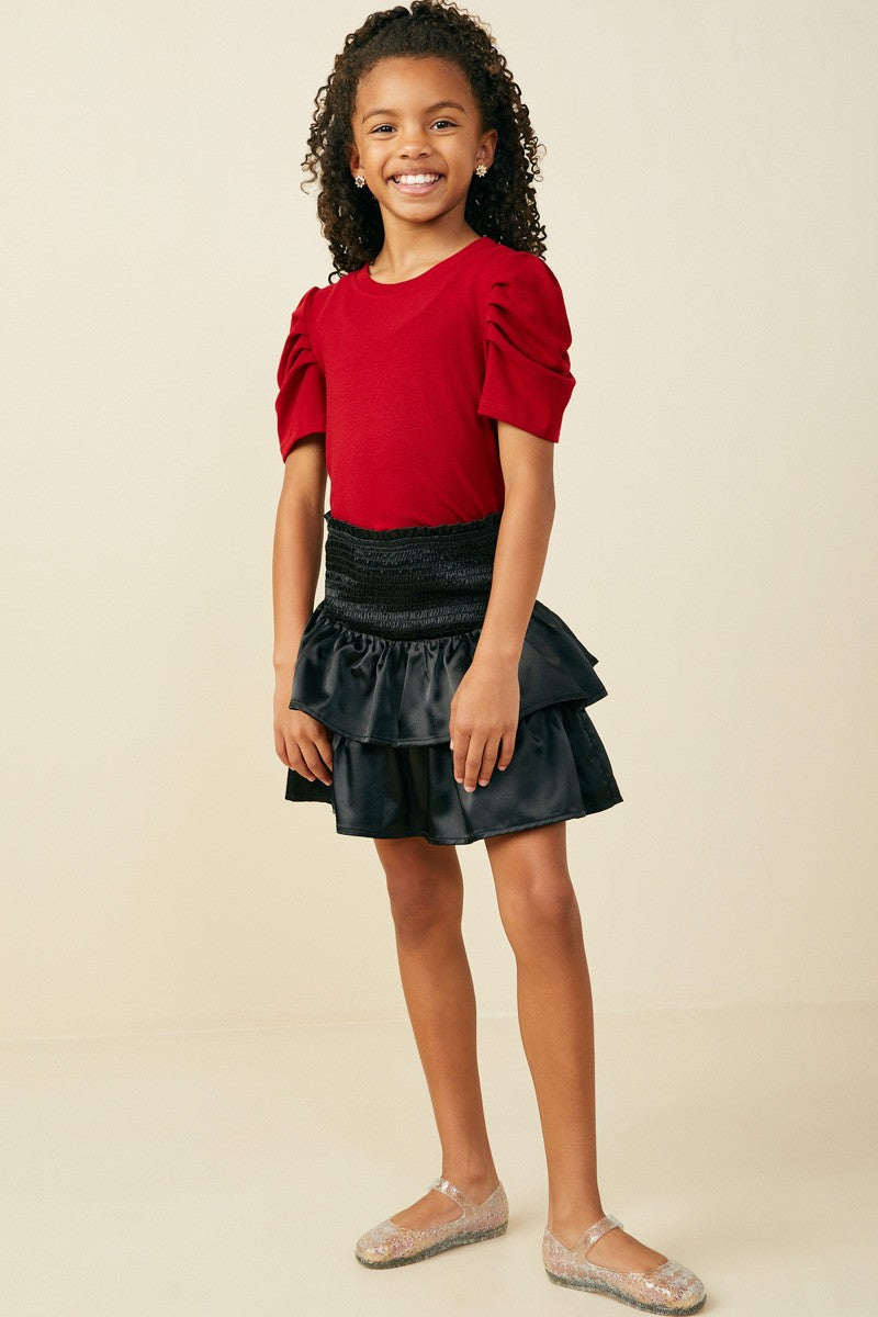 Red Pleated Shoulder Puff Sleeve Top