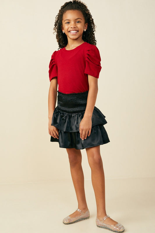 Red Pleated Shoulder Puff Sleeve Top