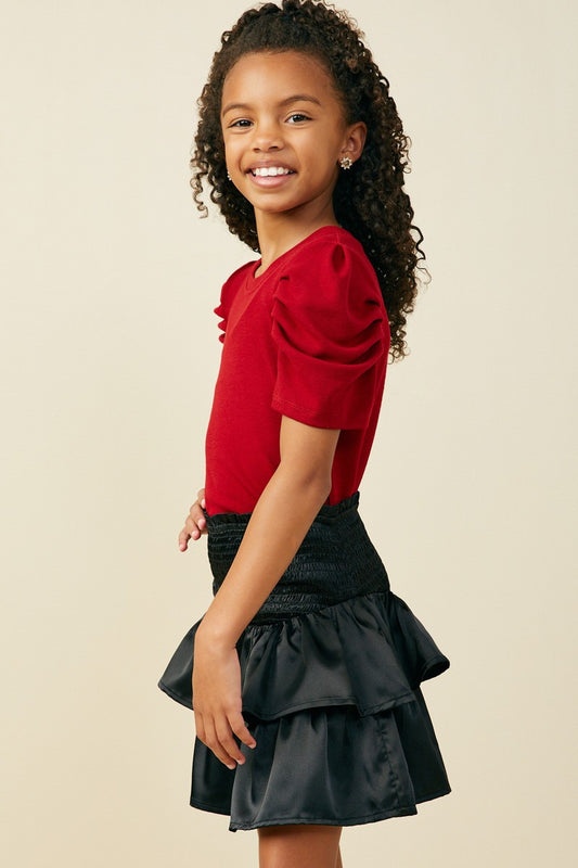 Red Pleated Shoulder Puff Sleeve Top