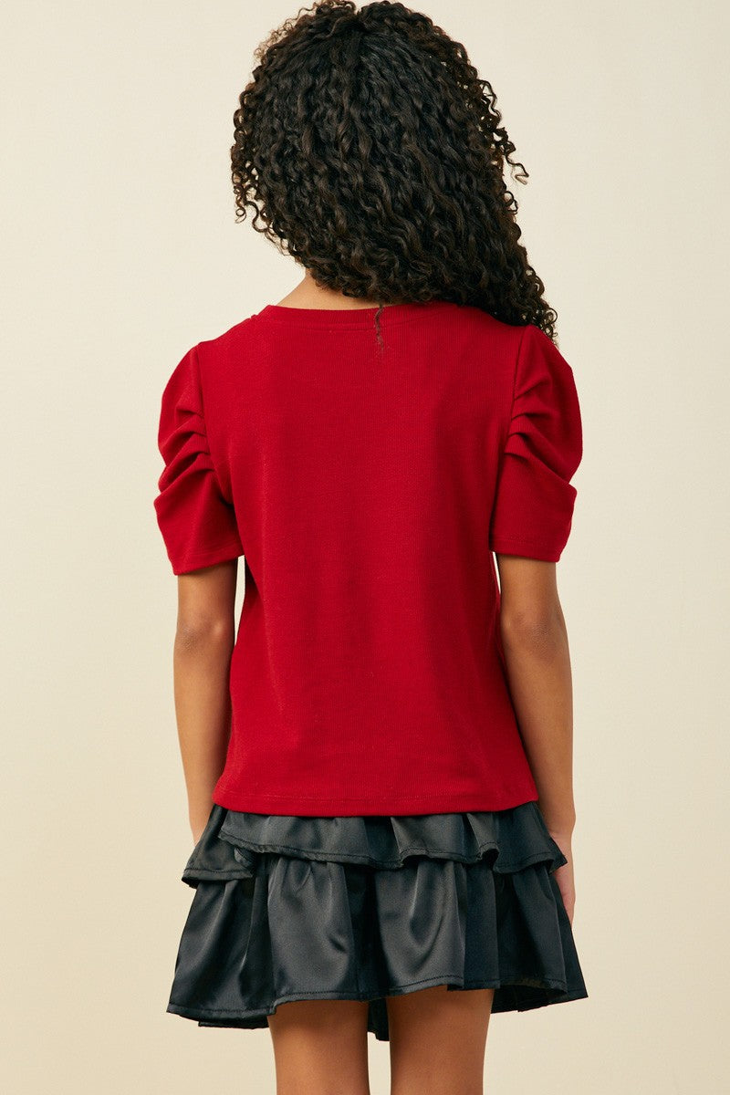 Red Pleated Shoulder Puff Sleeve Top