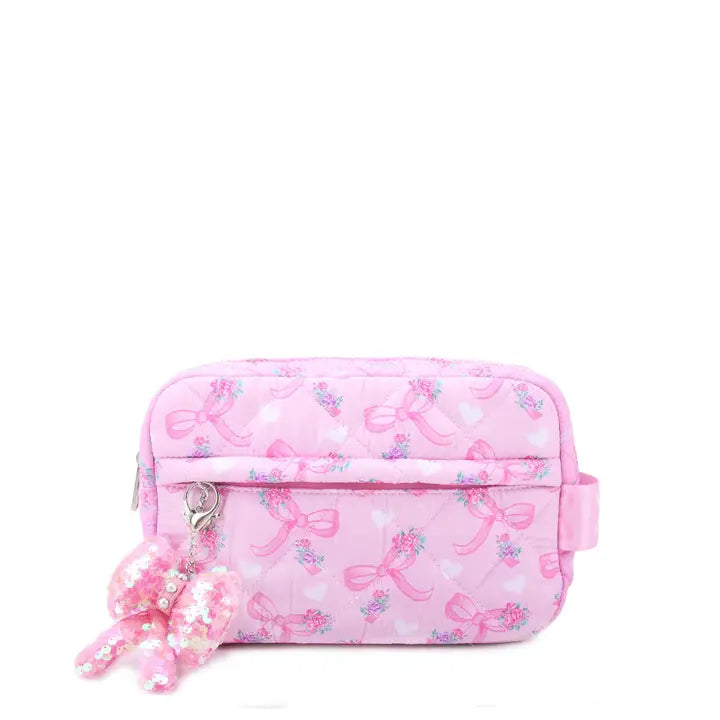 Quilted Floral Bow Printed Pouch With Charm