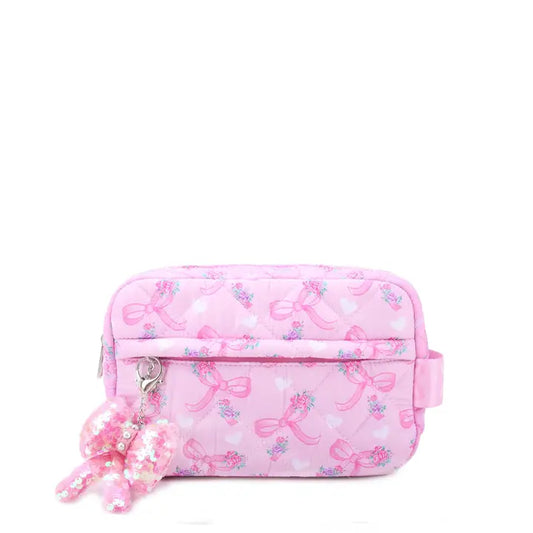 Quilted Floral Bow Printed Pouch With Charm