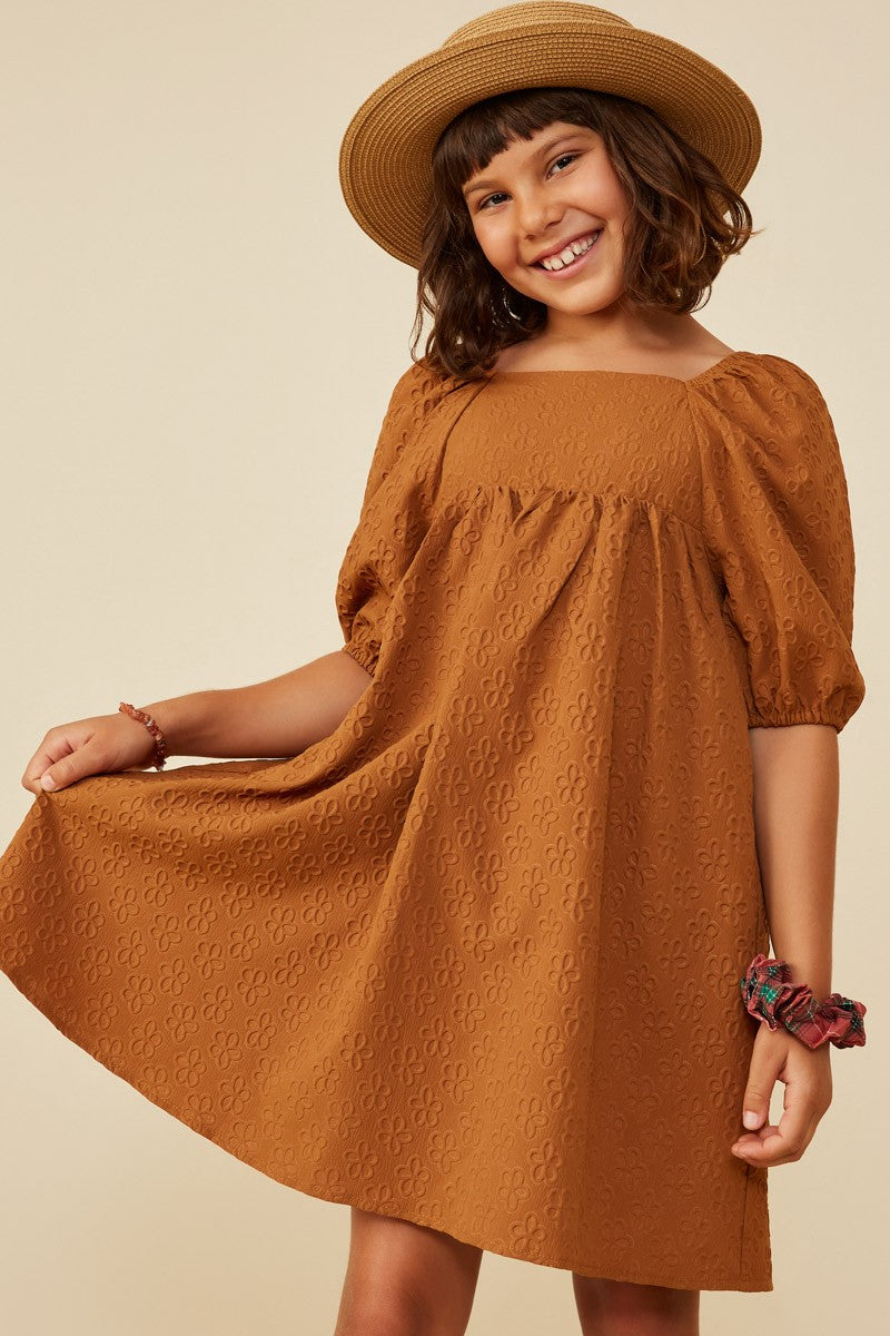 Camel Embossed Floral Square Neck Dress