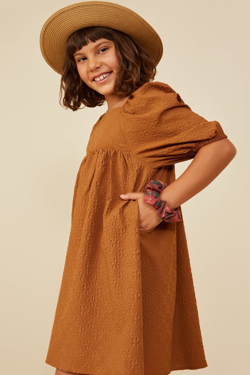 Camel Embossed Floral Square Neck Dress