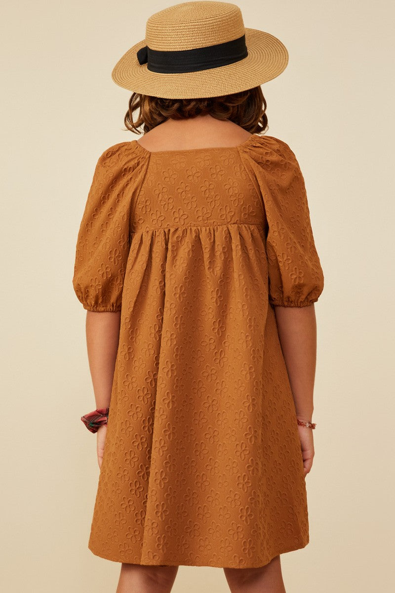 Camel Embossed Floral Square Neck Dress