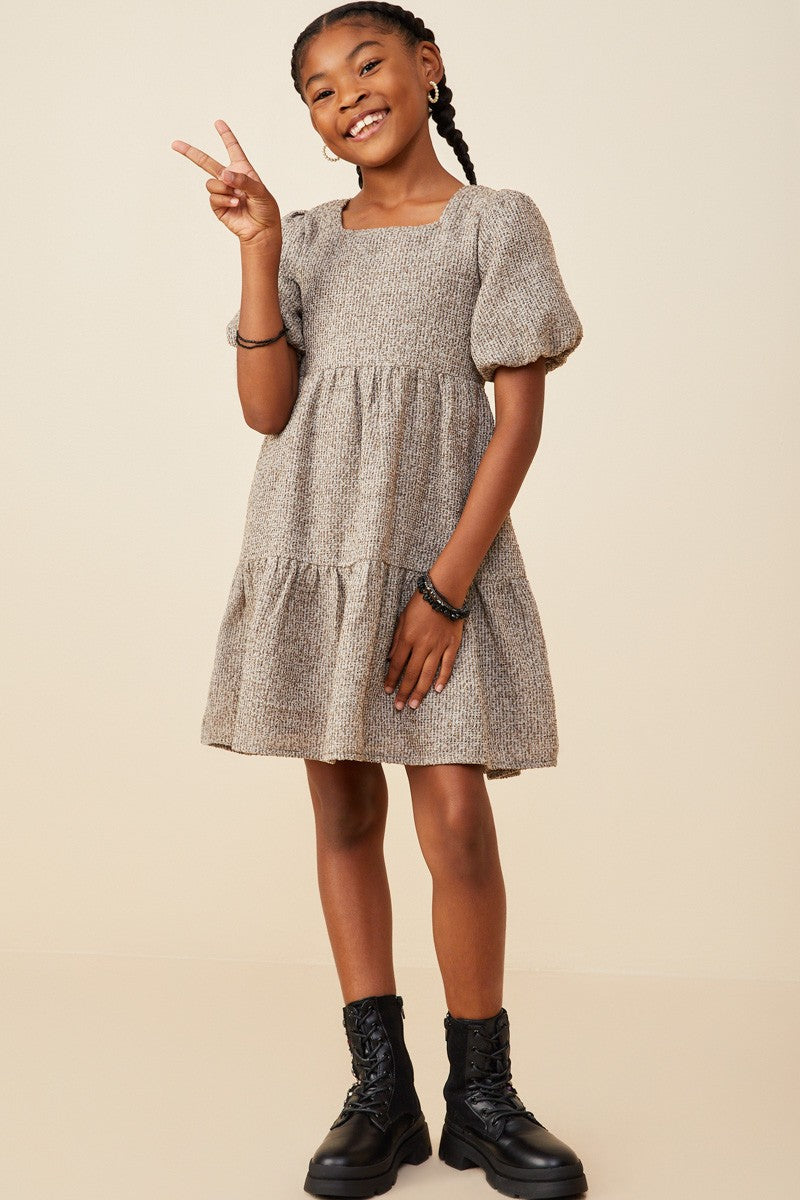 Mocha Square Neck Textured Knit Bubble Sleeve Dress