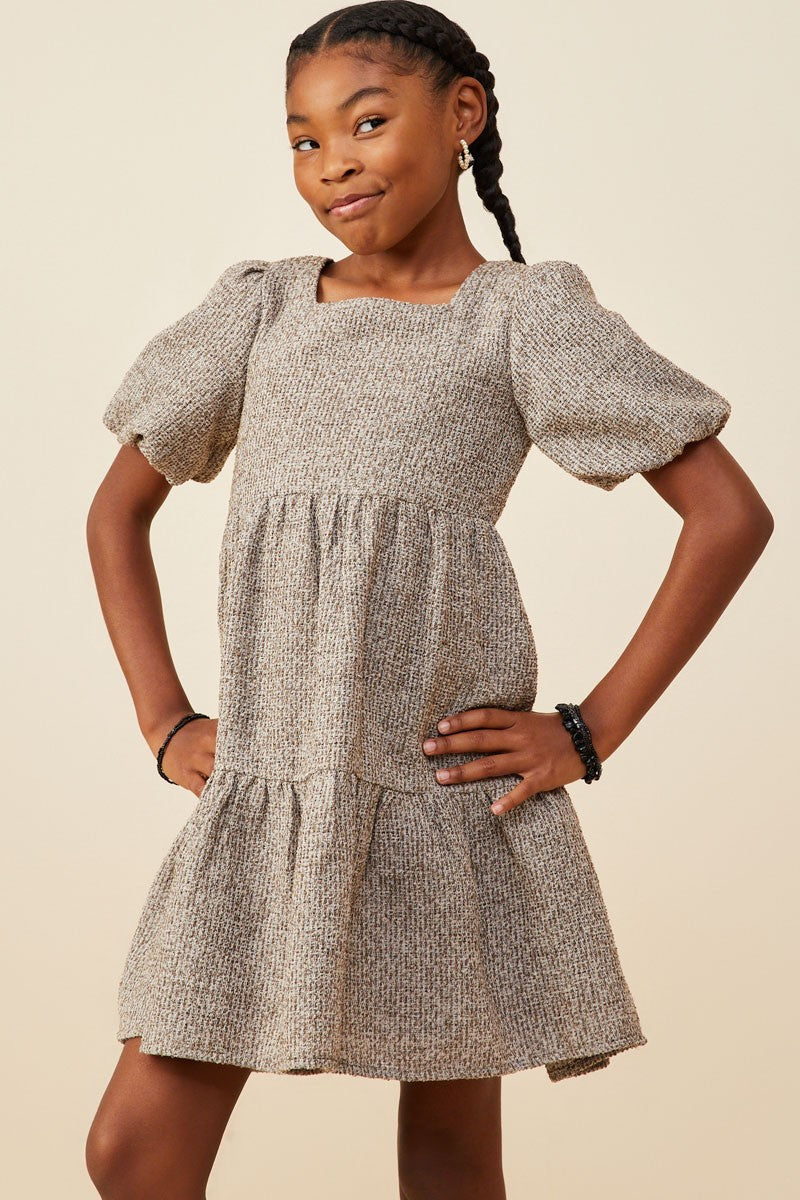 Mocha Square Neck Textured Knit Bubble Sleeve Dress