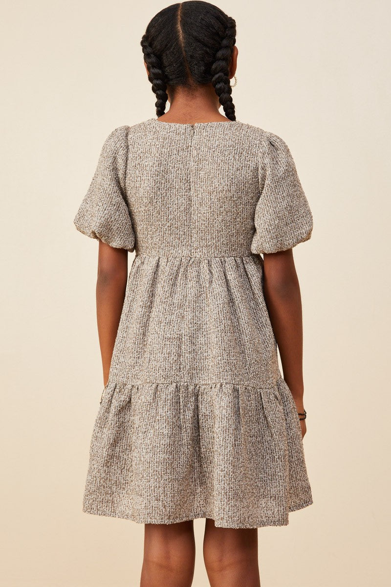 Mocha Square Neck Textured Knit Bubble Sleeve Dress