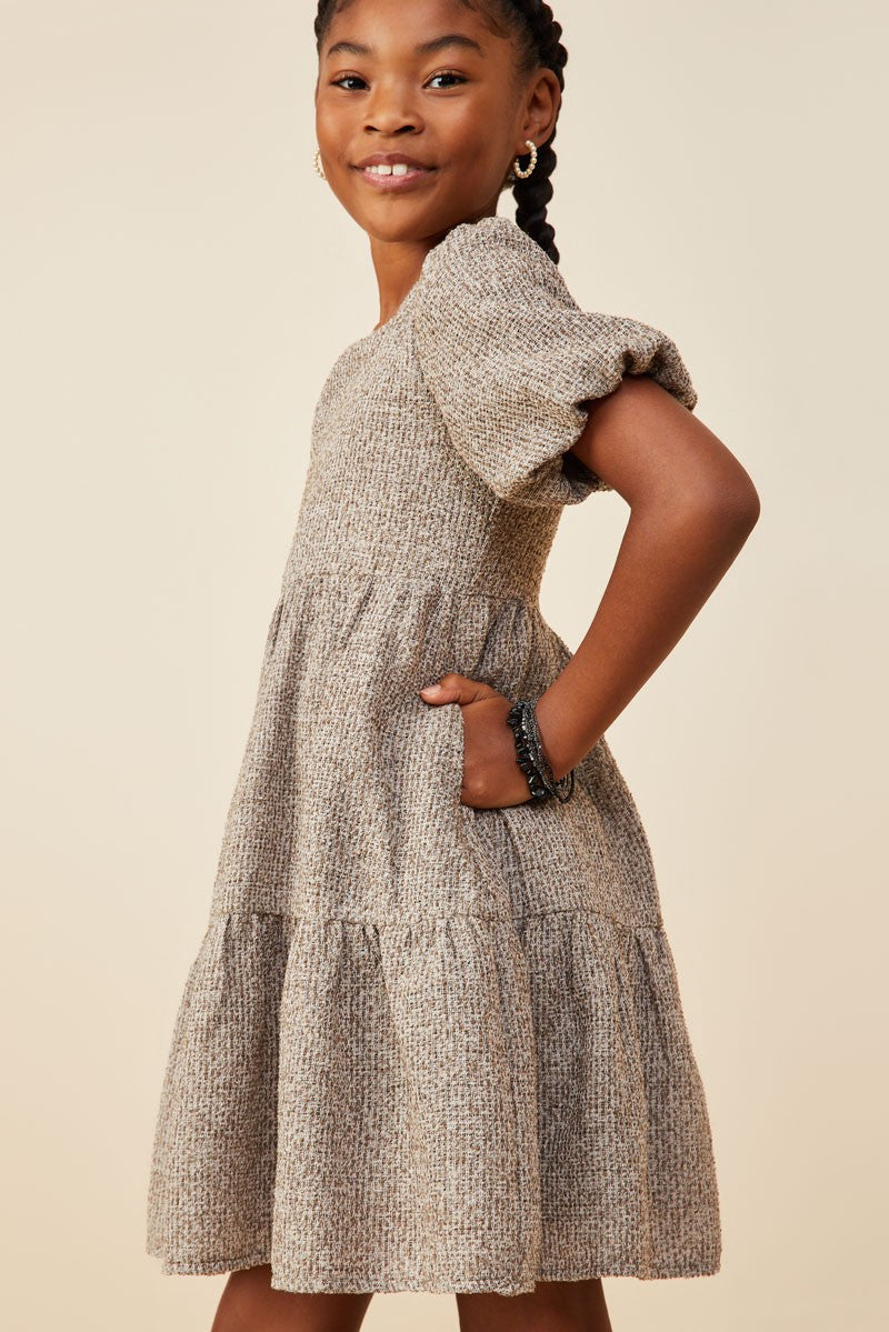 Mocha Square Neck Textured Knit Bubble Sleeve Dress