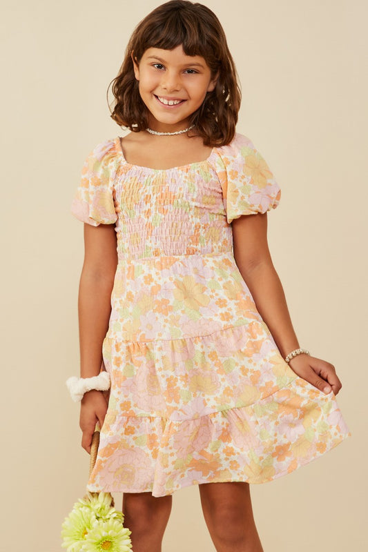 Pink Textured Floral Smocked Puff Sleeve Dress