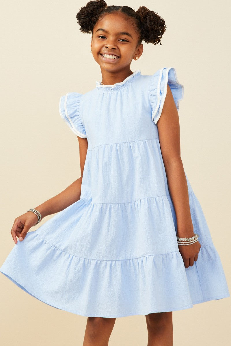 Blue Piped Ruffle Detail Dress