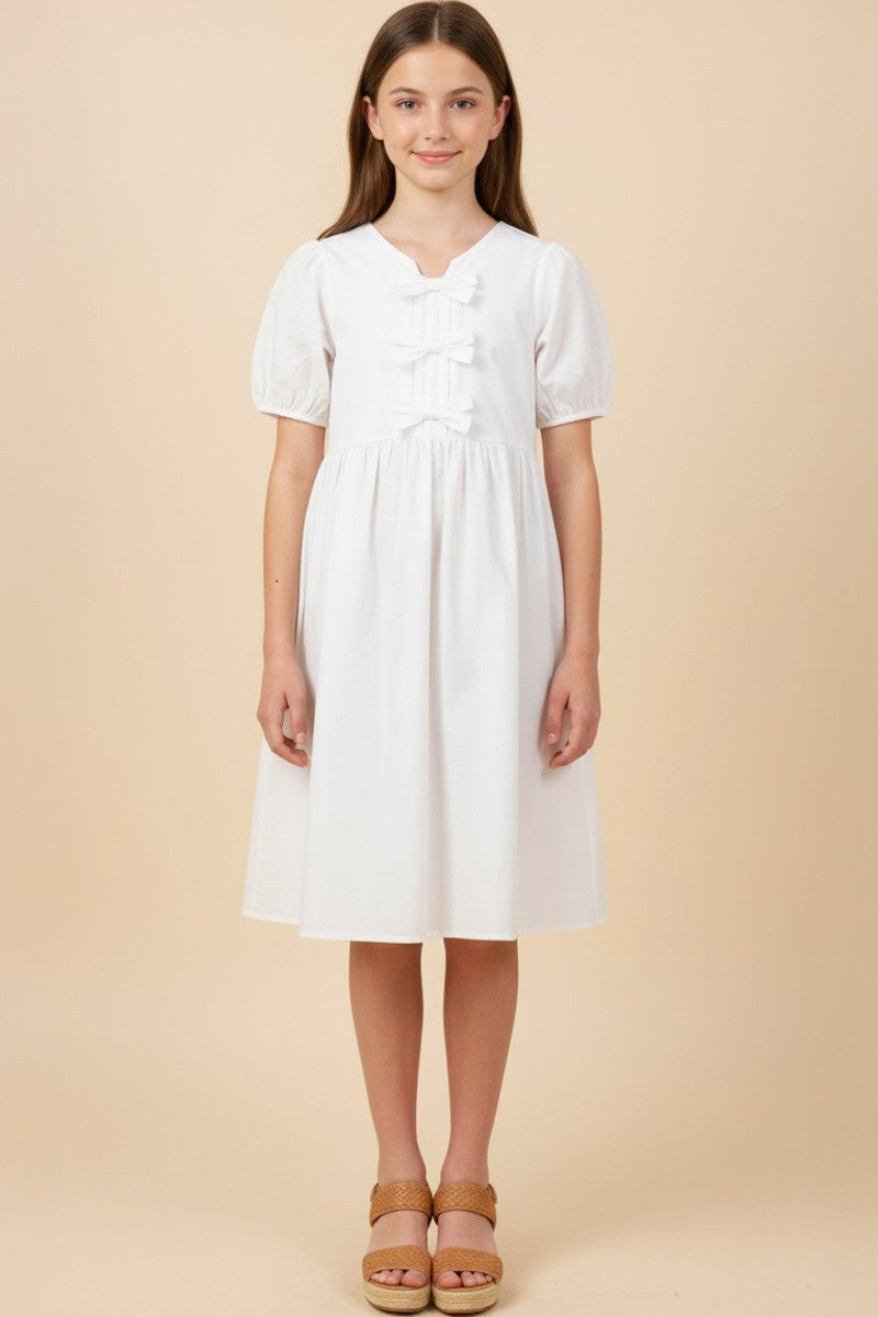 White Ribbon Detail Puff Dress
