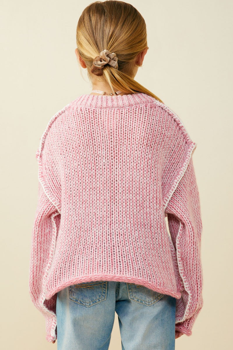 Pink Lightly Sequined V Neck Stitch Detail Sweater