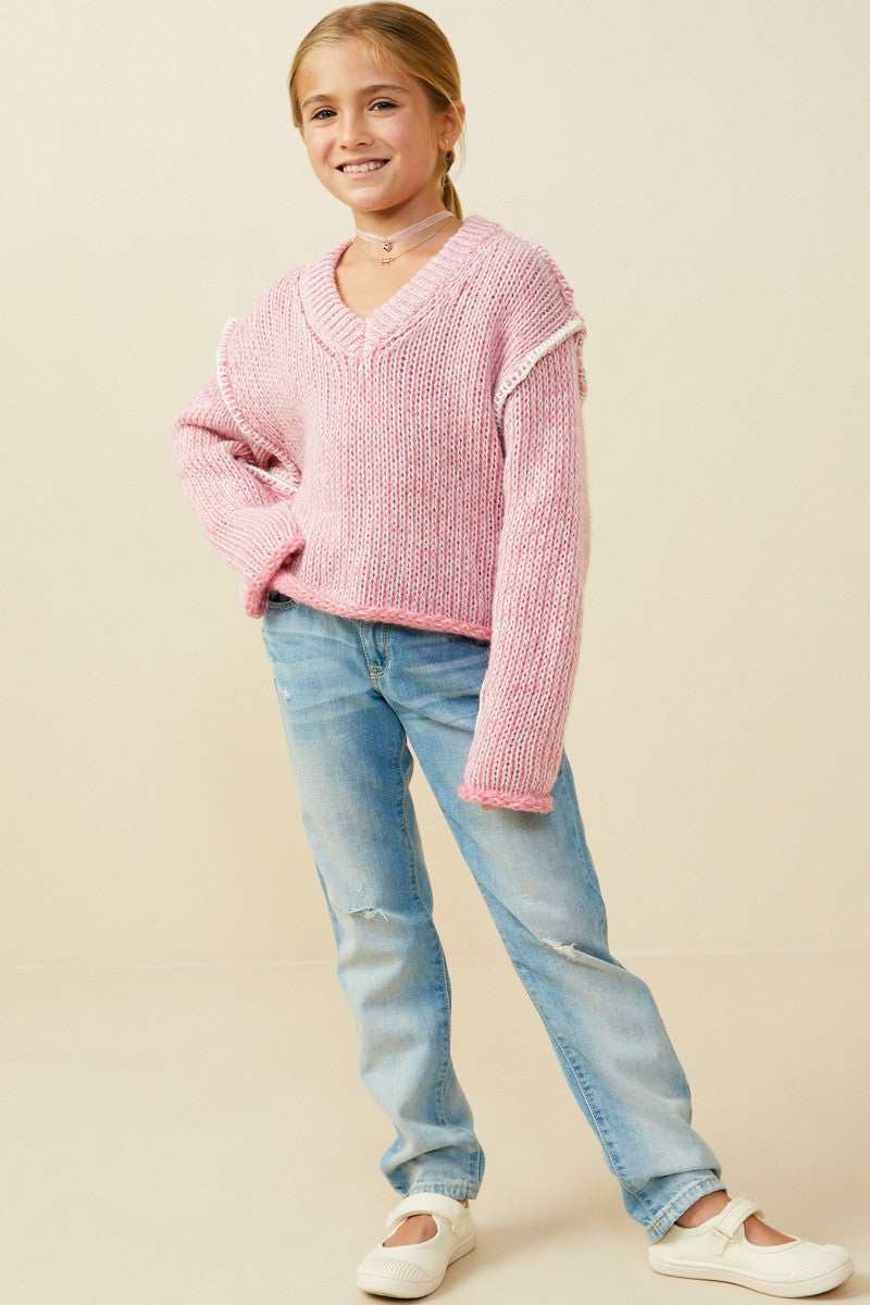 Pink Lightly Sequined V Neck Stitch Detail Sweater