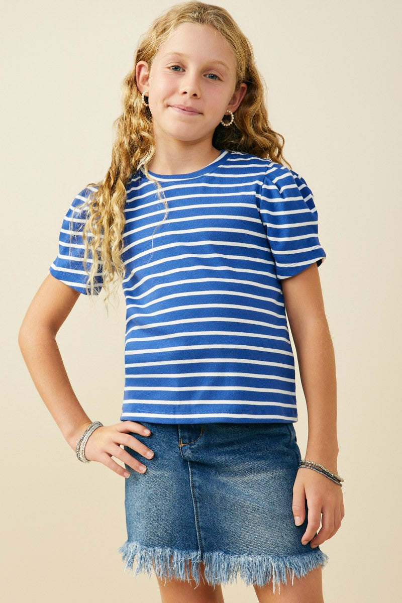 Blue Pleated Puff Sleeve Stripe T Shirt